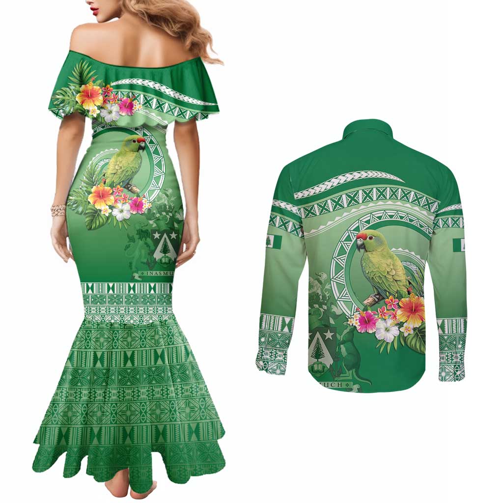 Norfolk Parakeet Tropical Couples Matching Mermaid Dress and Long Sleeve Button Shirt Norfolk Island Tribal Pattern LT9 - Polynesian Pride