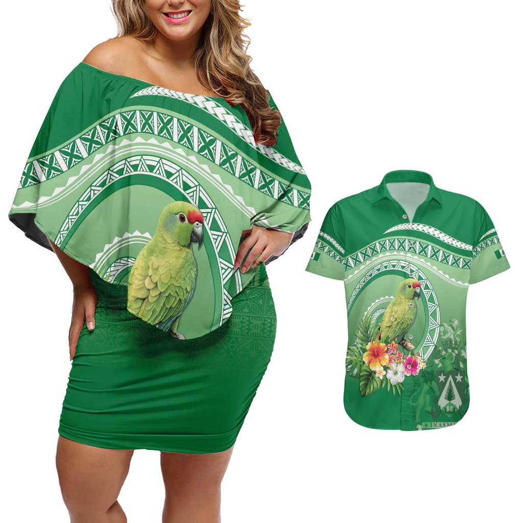 Norfolk Parakeet Tropical Couples Matching Off Shoulder Short Dress and Hawaiian Shirt Norfolk Island Tribal Pattern LT9 Green - Polynesian Pride
