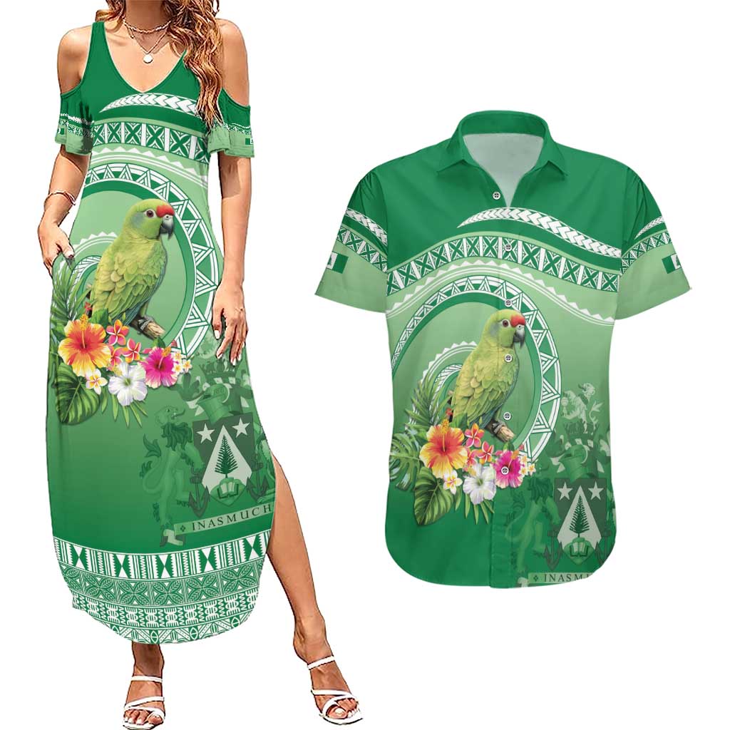 Norfolk Parakeet Tropical Couples Matching Summer Maxi Dress and Hawaiian Shirt Norfolk Island Tribal Pattern LT9 Green - Polynesian Pride