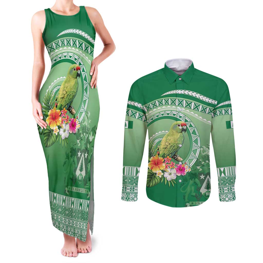 Norfolk Parakeet Tropical Couples Matching Tank Maxi Dress and Long Sleeve Button Shirt Norfolk Island Tribal Pattern LT9 Green - Polynesian Pride