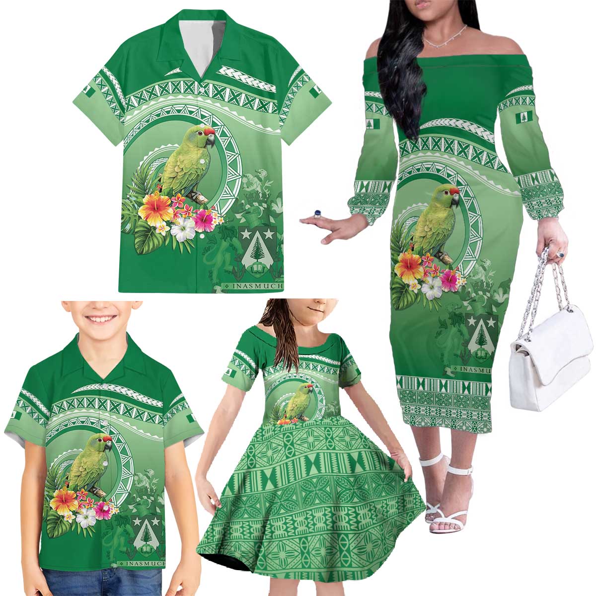 Norfolk Parakeet Tropical Family Matching Off The Shoulder Long Sleeve Dress and Hawaiian Shirt Norfolk Island Tribal Pattern