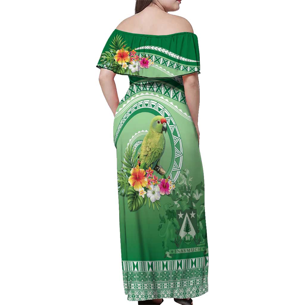Norfolk Parakeet Tropical Family Matching Off Shoulder Maxi Dress and Hawaiian Shirt Norfolk Island Tribal Pattern