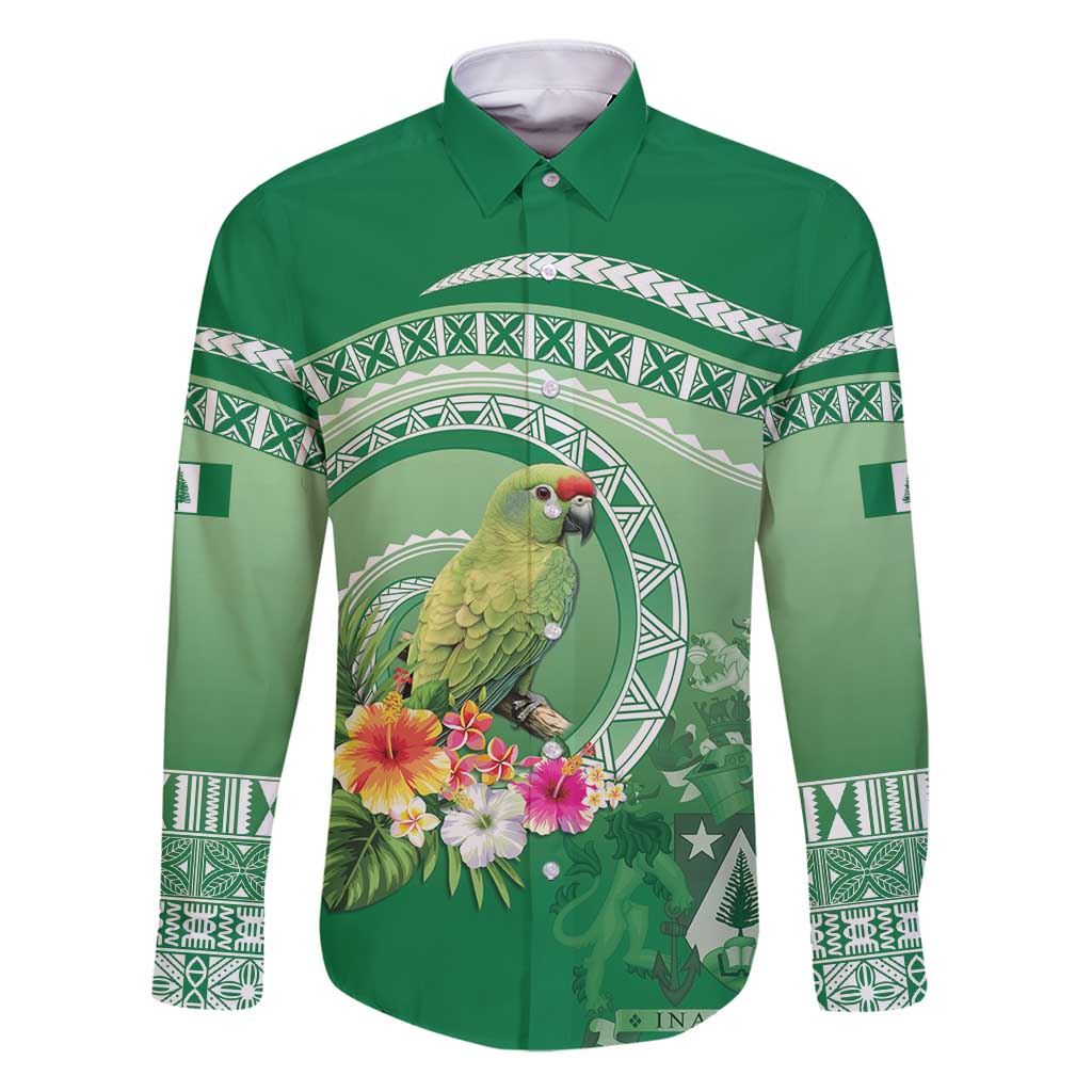 Norfolk Parakeet Tropical Family Matching Puletasi and Hawaiian Shirt Norfolk Island Tribal Pattern LT9 Dad's Shirt - Long Sleeve Green - Polynesian Pride