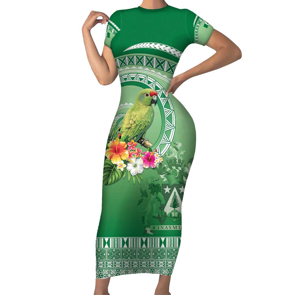 Norfolk Parakeet Tropical Family Matching Short Sleeve Bodycon Dress and Hawaiian Shirt Norfolk Island Tribal Pattern LT9 Mom's Dress Green - Polynesian Pride