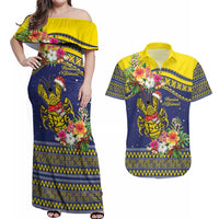 Monuina e Kilisimasi Niue Christmas Couples Matching Off Shoulder Maxi Dress and Hawaiian Shirt Niuean Tribal Pattern LT9 Gold - Polynesian Pride