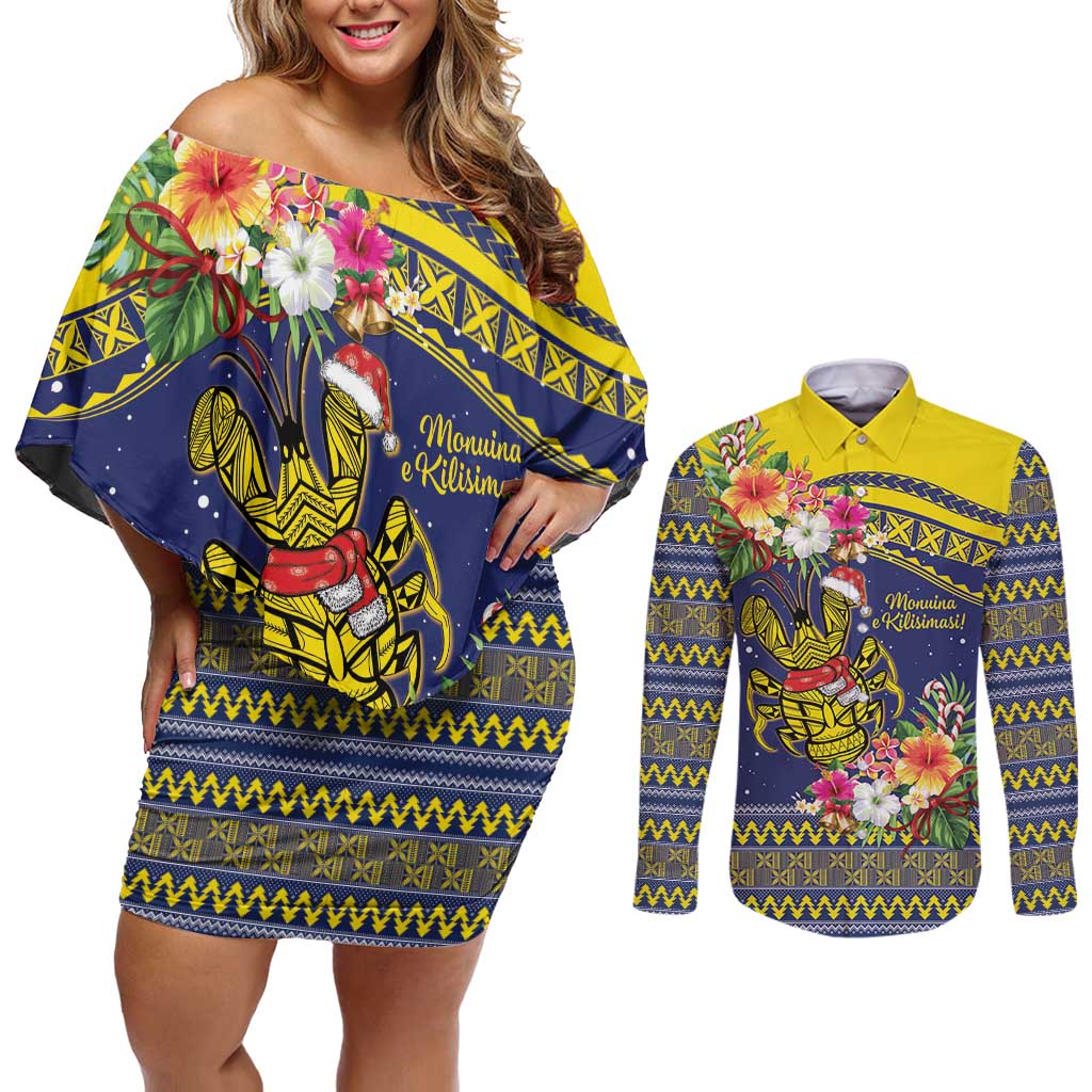 Monuina e Kilisimasi Niue Christmas Couples Matching Off Shoulder Short Dress and Long Sleeve Button Shirt Niuean Tribal Pattern