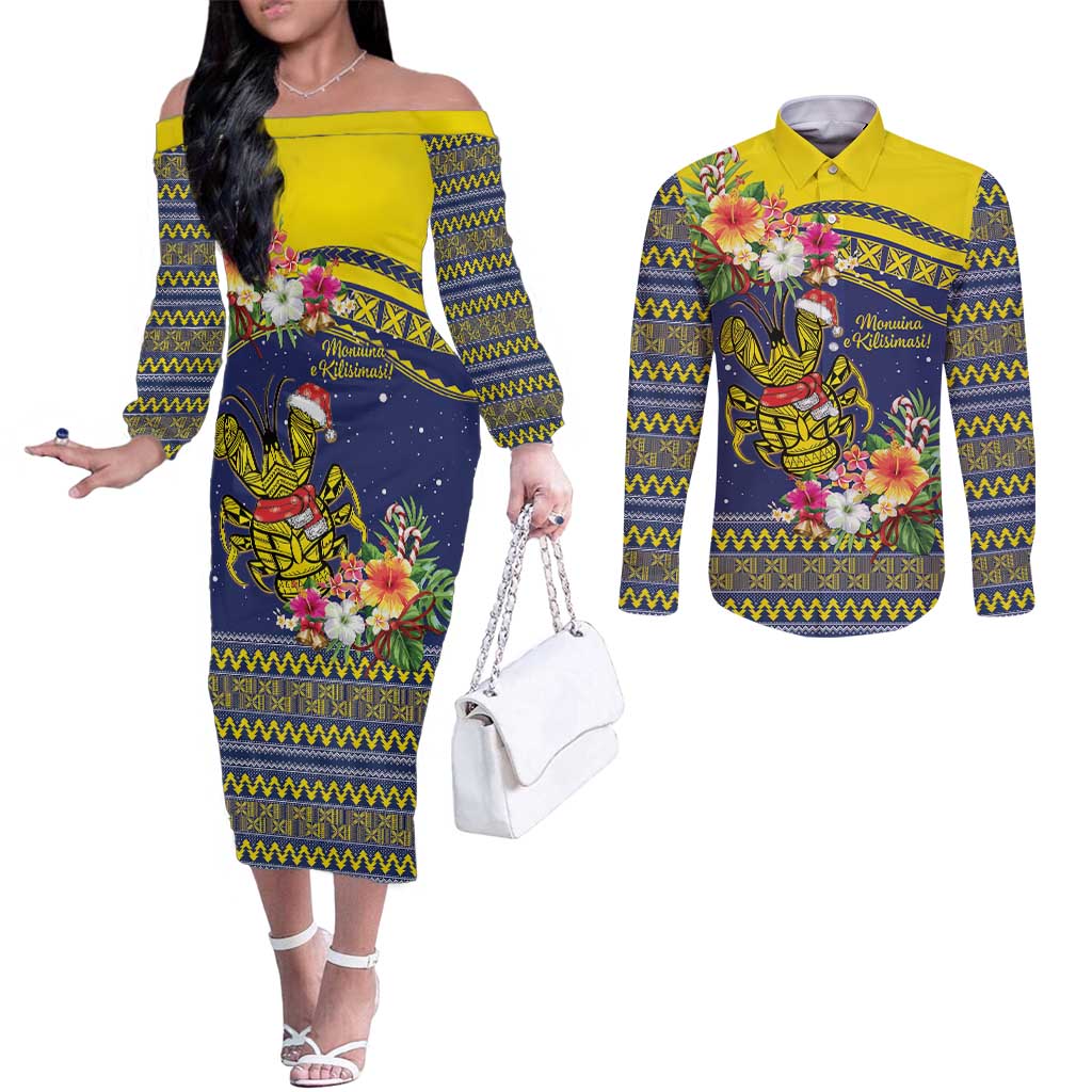 Monuina e Kilisimasi Niue Christmas Couples Matching Off The Shoulder Long Sleeve Dress and Long Sleeve Button Shirt Niuean Tribal Pattern