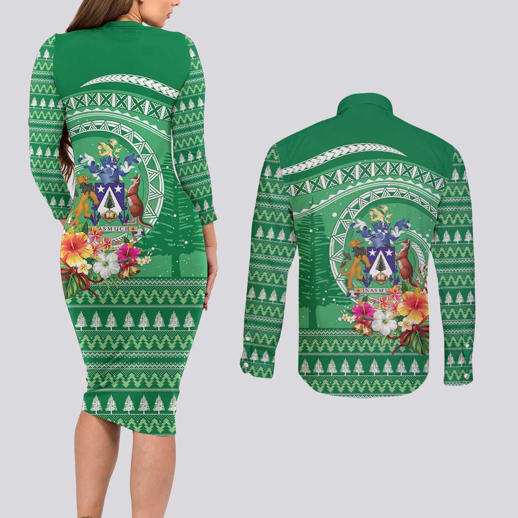 Norfolk Island Pine Tree Christmas Couples Matching Long Sleeve Bodycon Dress and Long Sleeve Button Shirt Coat of Arm and Polynesian Pattern LT9 - Polynesian Pride