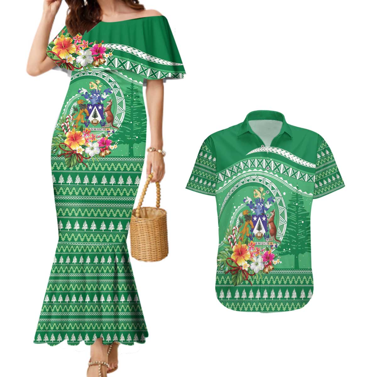 Norfolk Island Pine Tree Christmas Couples Matching Mermaid Dress and Hawaiian Shirt Coat of Arm and Polynesian Pattern LT9 Green - Polynesian Pride