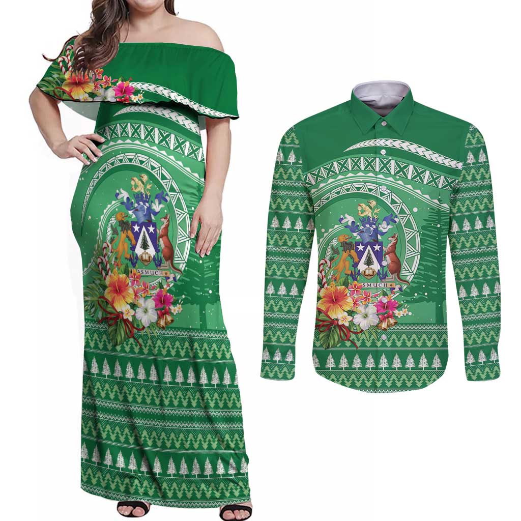 Norfolk Island Pine Tree Christmas Couples Matching Off Shoulder Maxi Dress and Long Sleeve Button Shirt Coat of Arm and Polynesian Pattern LT9 Green - Polynesian Pride