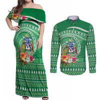 Norfolk Island Pine Tree Christmas Couples Matching Off Shoulder Maxi Dress and Long Sleeve Button Shirt Coat of Arm and Polynesian Pattern LT9 Green - Polynesian Pride