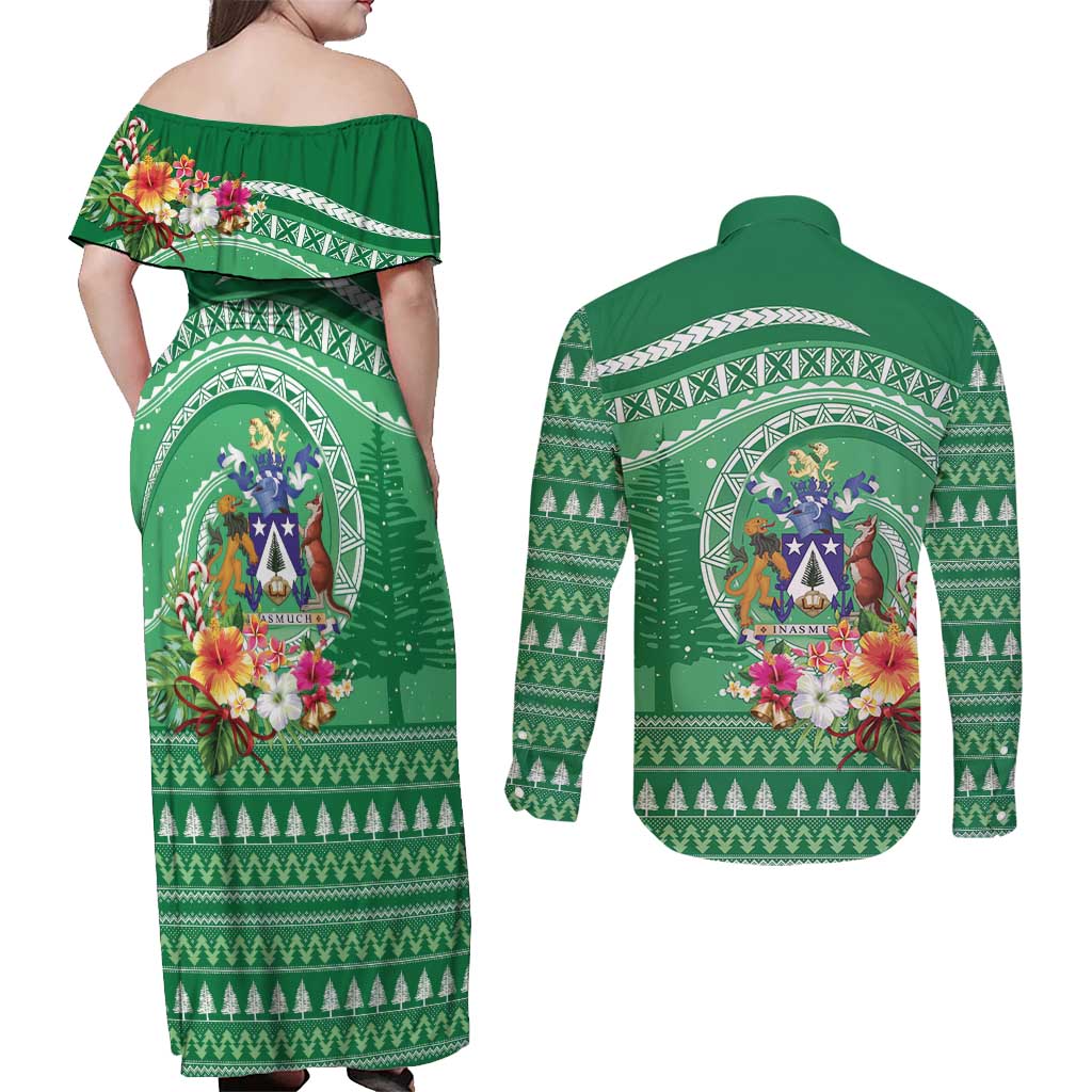 Norfolk Island Pine Tree Christmas Couples Matching Off Shoulder Maxi Dress and Long Sleeve Button Shirt Coat of Arm and Polynesian Pattern LT9 - Polynesian Pride