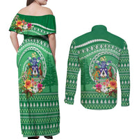 Norfolk Island Pine Tree Christmas Couples Matching Off Shoulder Maxi Dress and Long Sleeve Button Shirt Coat of Arm and Polynesian Pattern LT9 - Polynesian Pride