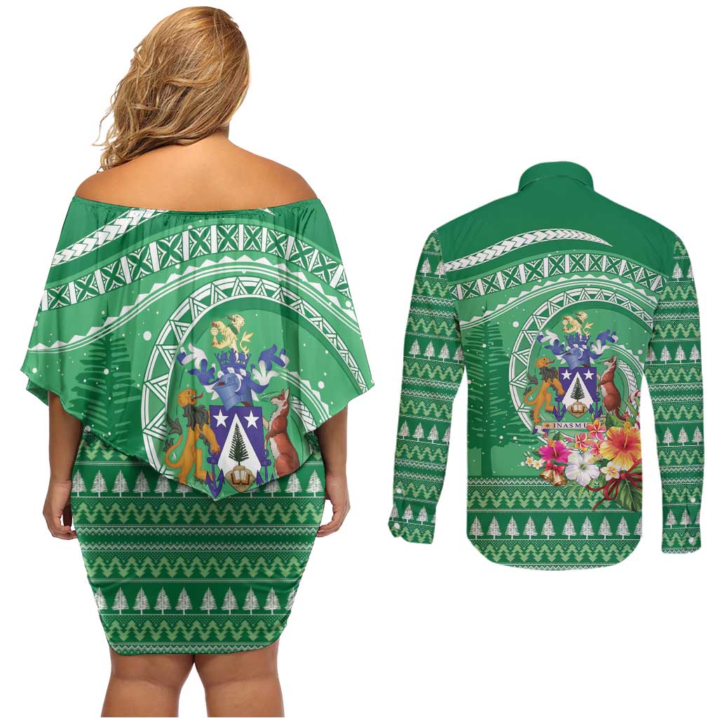 Norfolk Island Pine Tree Christmas Couples Matching Off Shoulder Short Dress and Long Sleeve Button Shirt Coat of Arm and Polynesian Pattern LT9 - Polynesian Pride