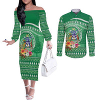 Norfolk Island Pine Tree Christmas Couples Matching Off The Shoulder Long Sleeve Dress and Long Sleeve Button Shirt Coat of Arm and Polynesian Pattern LT9 Green - Polynesian Pride