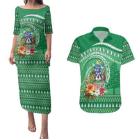 Norfolk Island Pine Tree Christmas Couples Matching Puletasi and Hawaiian Shirt Coat of Arm and Polynesian Pattern LT9 Green - Polynesian Pride