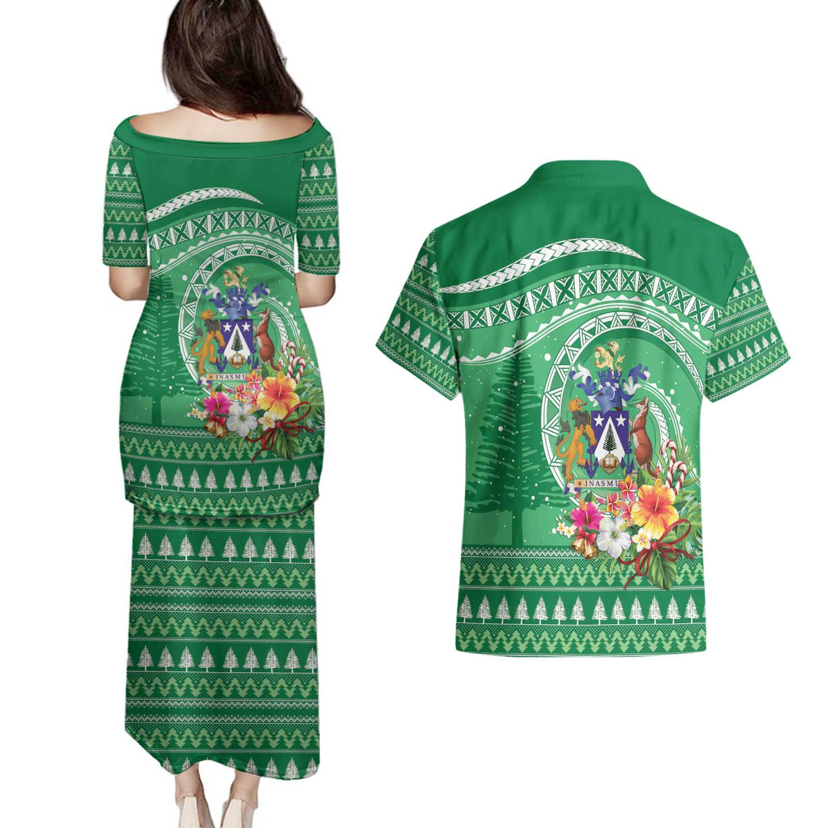 Norfolk Island Pine Tree Christmas Couples Matching Puletasi and Hawaiian Shirt Coat of Arm and Polynesian Pattern LT9 - Polynesian Pride