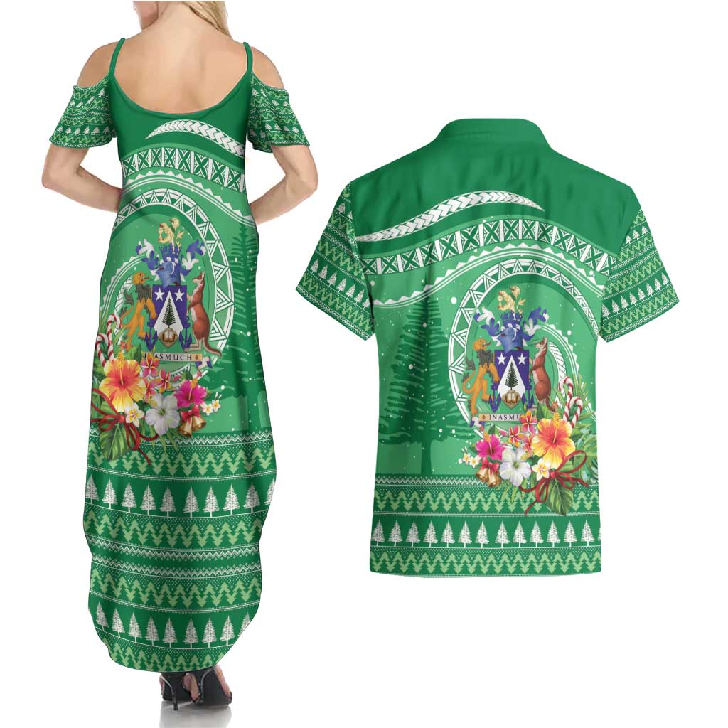 Norfolk Island Pine Tree Christmas Couples Matching Summer Maxi Dress and Hawaiian Shirt Coat of Arm and Polynesian Pattern LT9 - Polynesian Pride