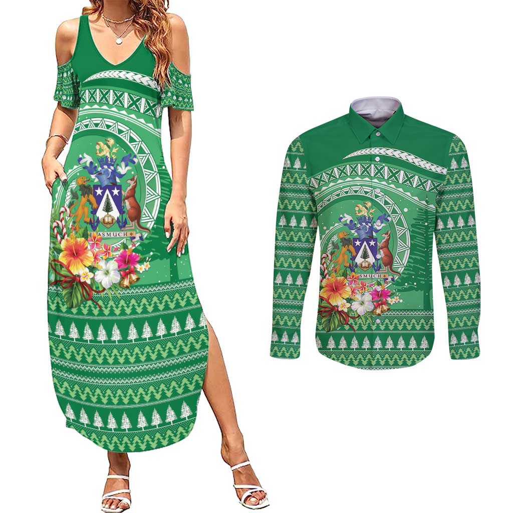 Norfolk Island Pine Tree Christmas Couples Matching Summer Maxi Dress and Long Sleeve Button Shirt Coat of Arm and Polynesian Pattern