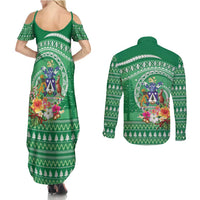 Norfolk Island Pine Tree Christmas Couples Matching Summer Maxi Dress and Long Sleeve Button Shirt Coat of Arm and Polynesian Pattern LT9 - Polynesian Pride