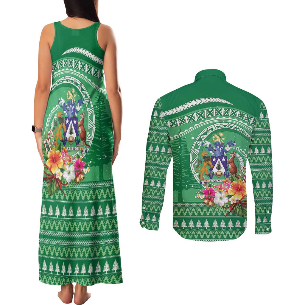 Norfolk Island Pine Tree Christmas Couples Matching Tank Maxi Dress and Long Sleeve Button Shirt Coat of Arm and Polynesian Pattern LT9 - Polynesian Pride