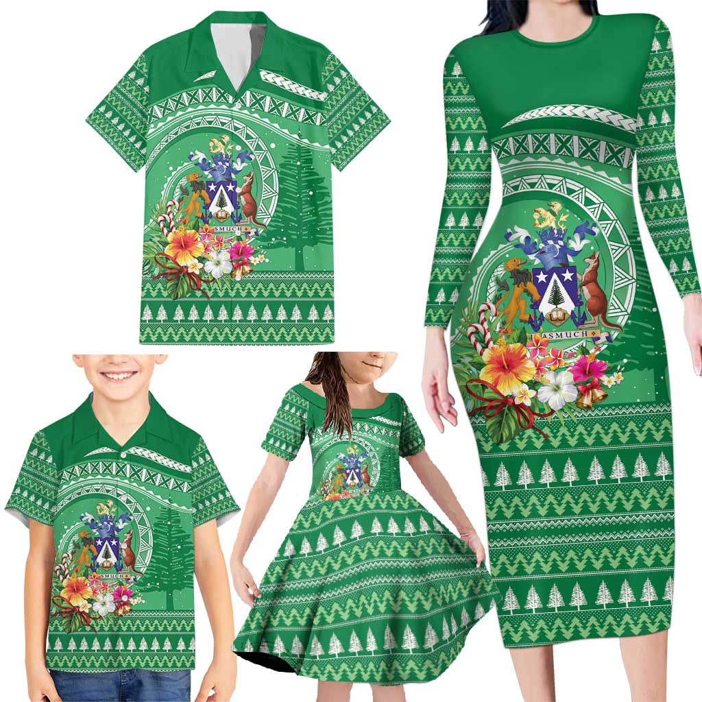 Norfolk Island Pine Tree Christmas Family Matching Long Sleeve Bodycon Dress and Hawaiian Shirt Coat of Arm and Polynesian Pattern LT9 - Polynesian Pride