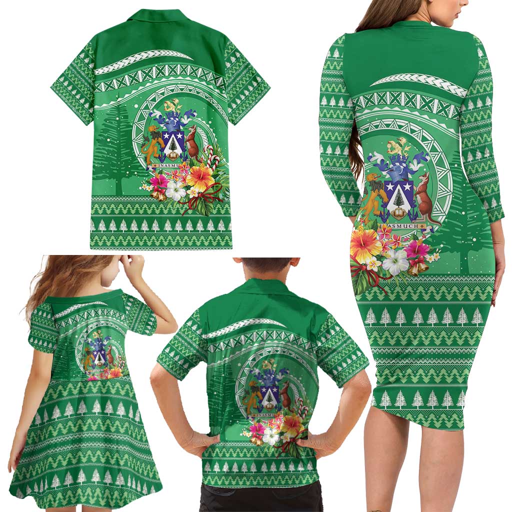 Norfolk Island Pine Tree Christmas Family Matching Long Sleeve Bodycon Dress and Hawaiian Shirt Coat of Arm and Polynesian Pattern LT9 - Polynesian Pride