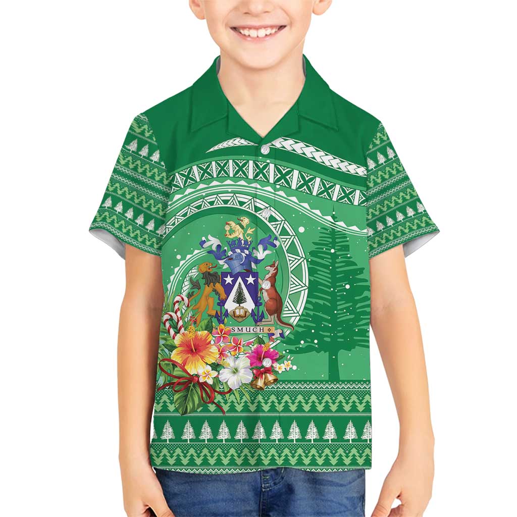 Norfolk Island Pine Tree Christmas Family Matching Long Sleeve Bodycon Dress and Hawaiian Shirt Coat of Arm and Polynesian Pattern LT9 Son's Shirt Green - Polynesian Pride