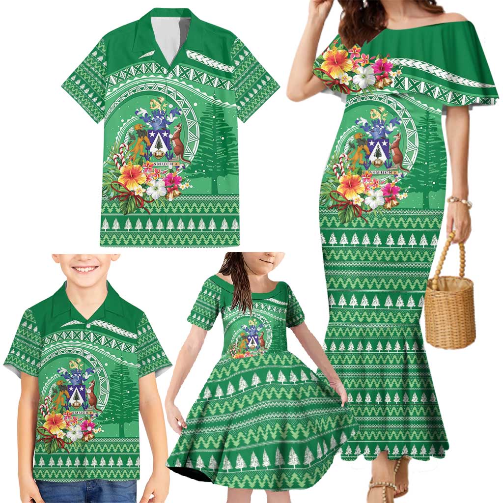 Norfolk Island Pine Tree Christmas Family Matching Mermaid Dress and Hawaiian Shirt Coat of Arm and Polynesian Pattern