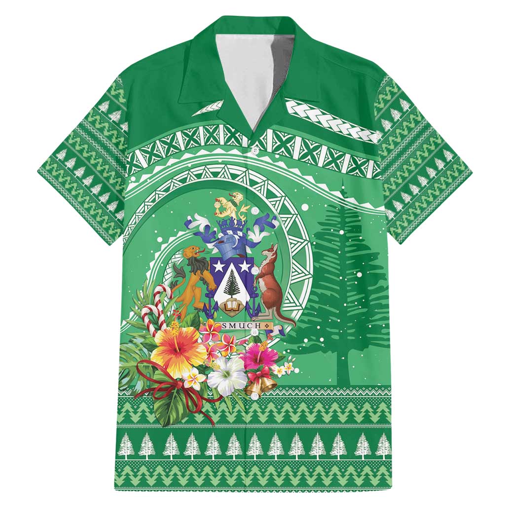 Norfolk Island Pine Tree Christmas Family Matching Mermaid Dress and Hawaiian Shirt Coat of Arm and Polynesian Pattern LT9 Dad's Shirt - Short Sleeve Green - Polynesian Pride