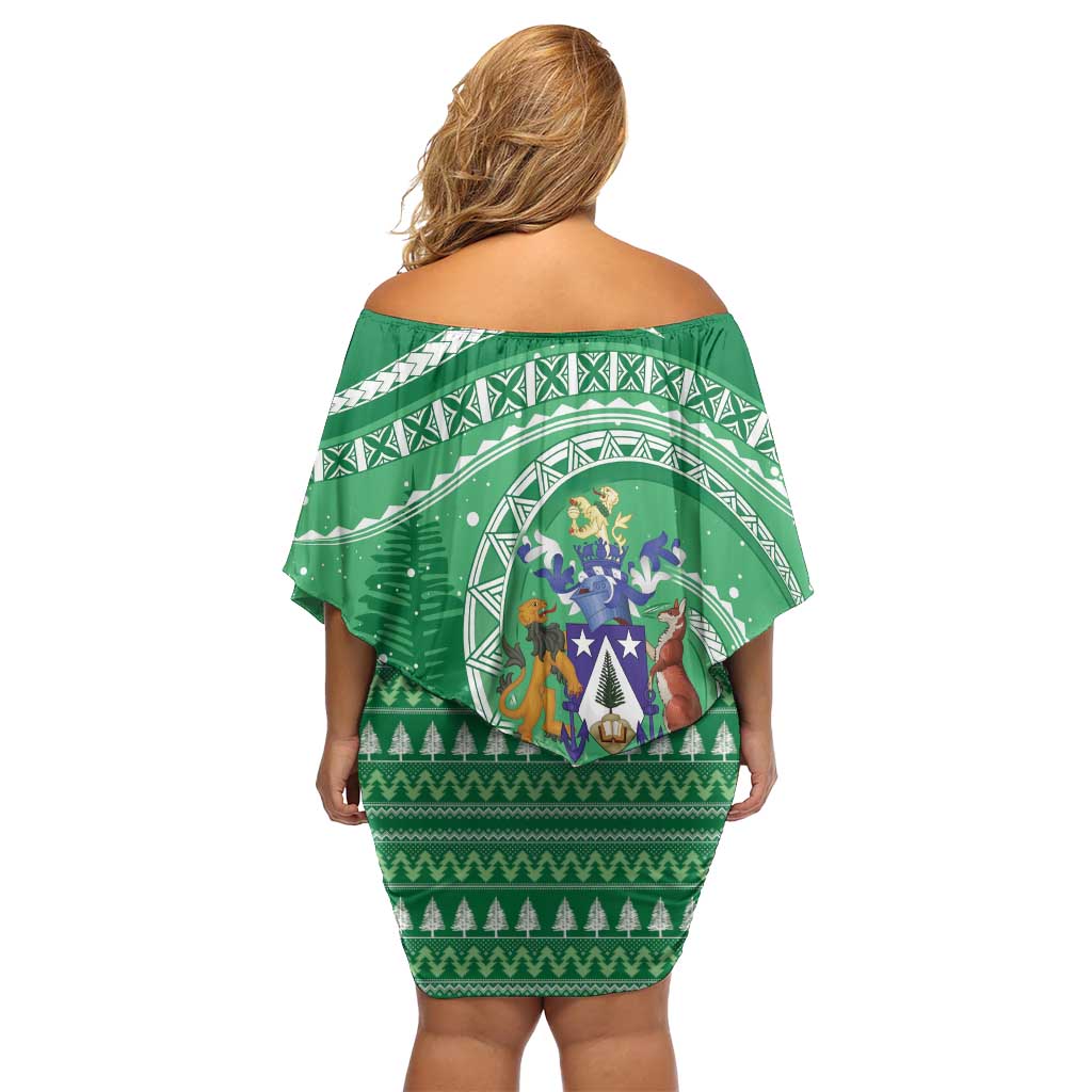 Norfolk Island Pine Tree Christmas Family Matching Off Shoulder Short Dress and Hawaiian Shirt Coat of Arm and Polynesian Pattern