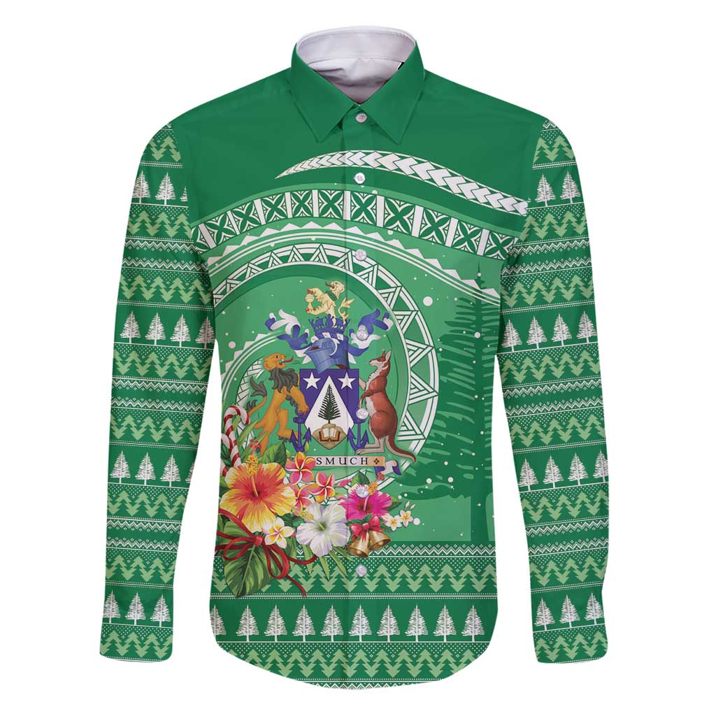Norfolk Island Pine Tree Christmas Family Matching Puletasi and Hawaiian Shirt Coat of Arm and Polynesian Pattern LT9 Dad's Shirt - Long Sleeve Green - Polynesian Pride