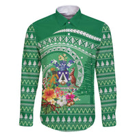 Norfolk Island Pine Tree Christmas Family Matching Puletasi and Hawaiian Shirt Coat of Arm and Polynesian Pattern LT9 Dad's Shirt - Long Sleeve Green - Polynesian Pride