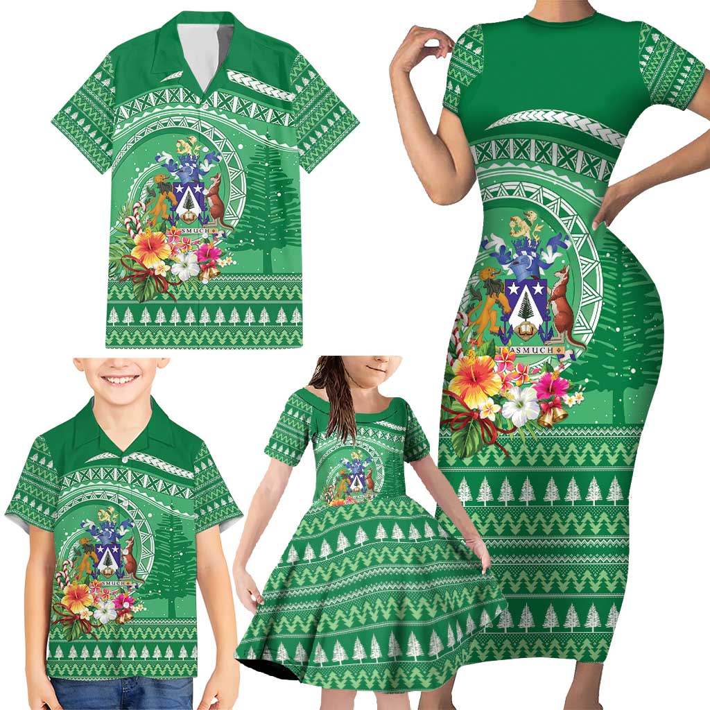 Norfolk Island Pine Tree Christmas Family Matching Short Sleeve Bodycon Dress and Hawaiian Shirt Coat of Arm and Polynesian Pattern LT9 - Polynesian Pride