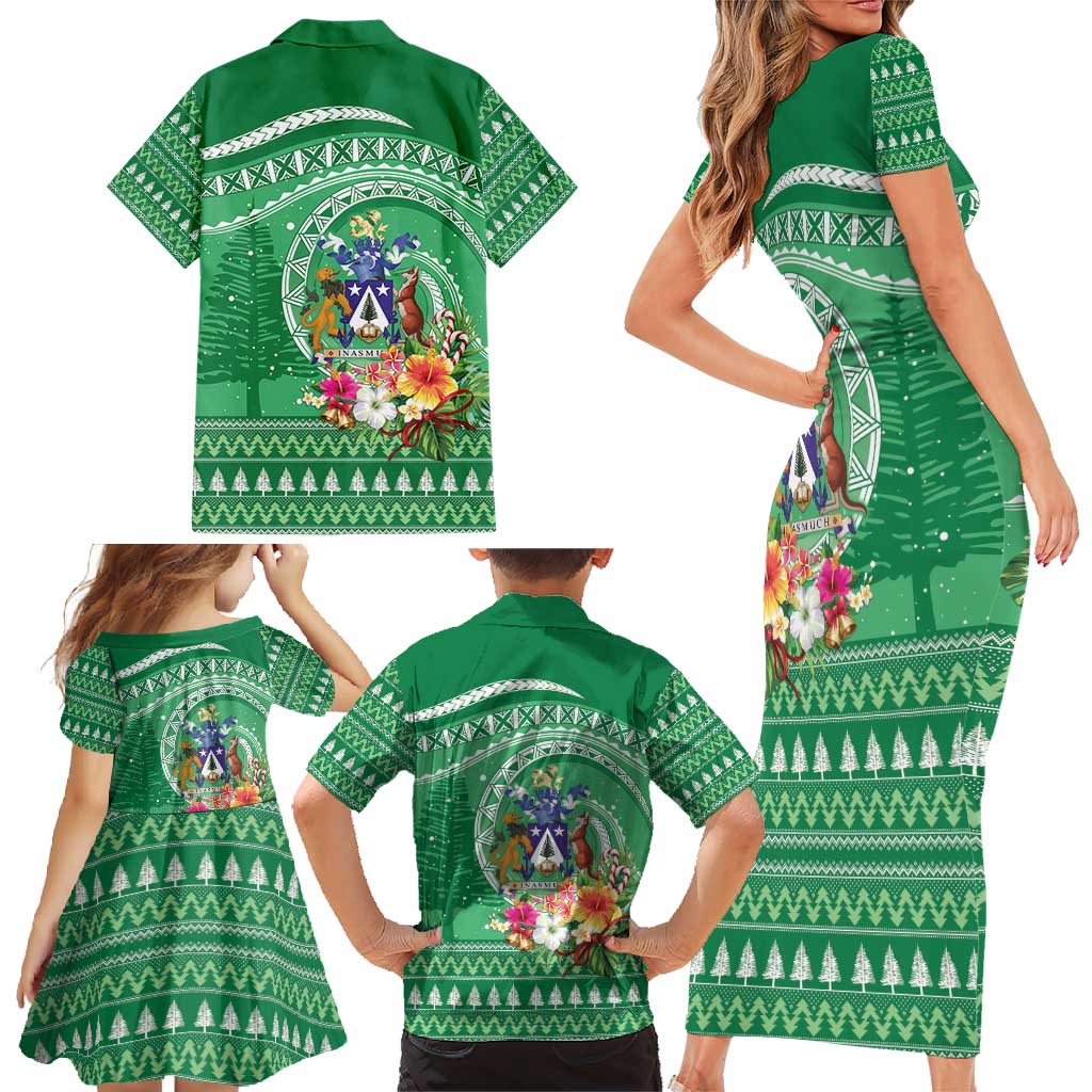 Norfolk Island Pine Tree Christmas Family Matching Short Sleeve Bodycon Dress and Hawaiian Shirt Coat of Arm and Polynesian Pattern LT9 - Polynesian Pride