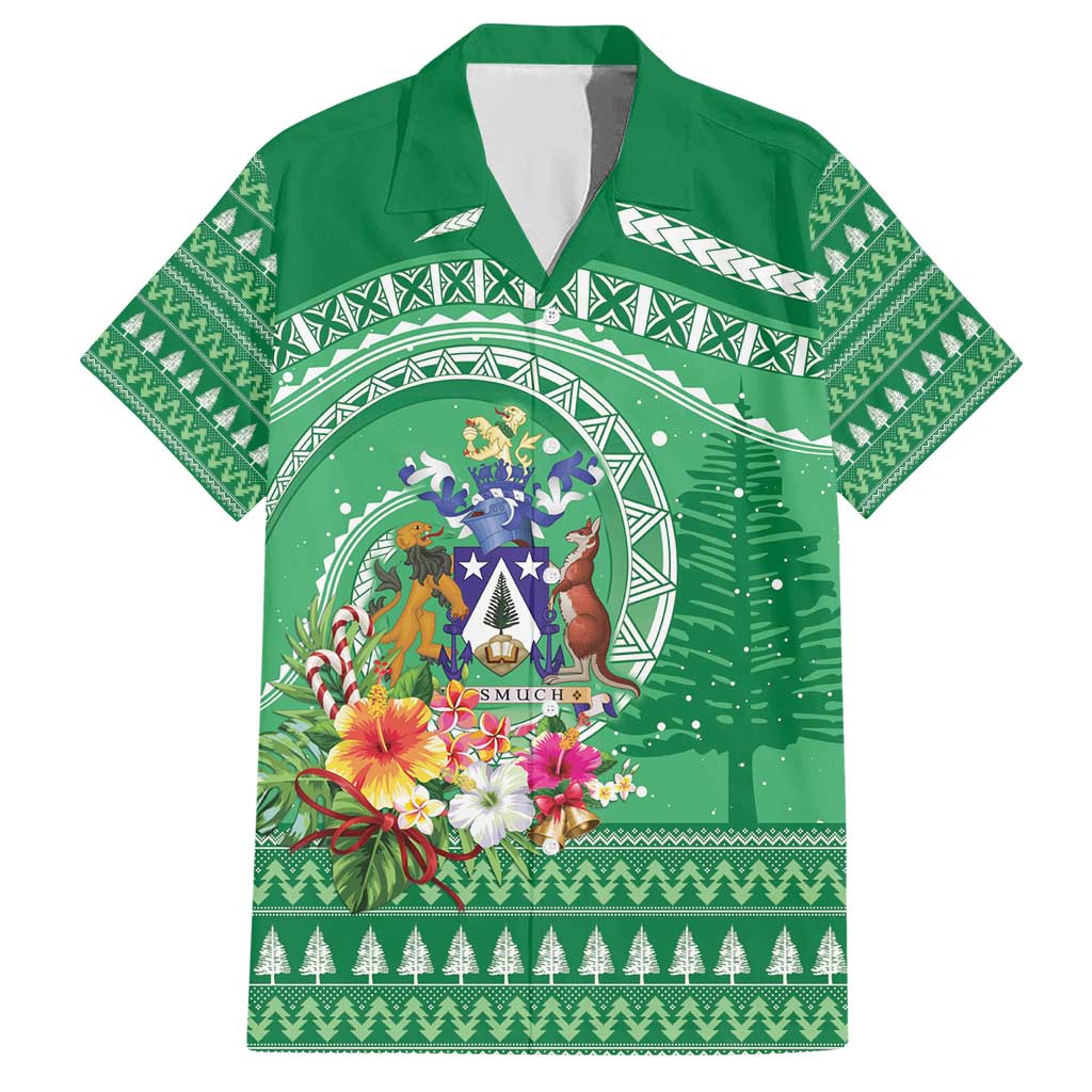 Norfolk Island Pine Tree Christmas Family Matching Short Sleeve Bodycon Dress and Hawaiian Shirt Coat of Arm and Polynesian Pattern LT9 Dad's Shirt - Short Sleeve Green - Polynesian Pride