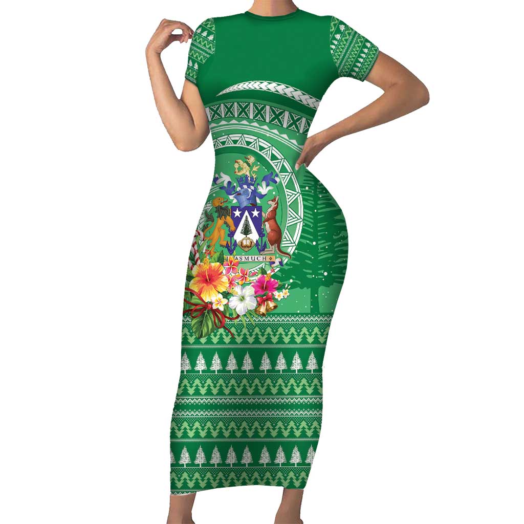 Norfolk Island Pine Tree Christmas Family Matching Short Sleeve Bodycon Dress and Hawaiian Shirt Coat of Arm and Polynesian Pattern LT9 Mom's Dress Green - Polynesian Pride