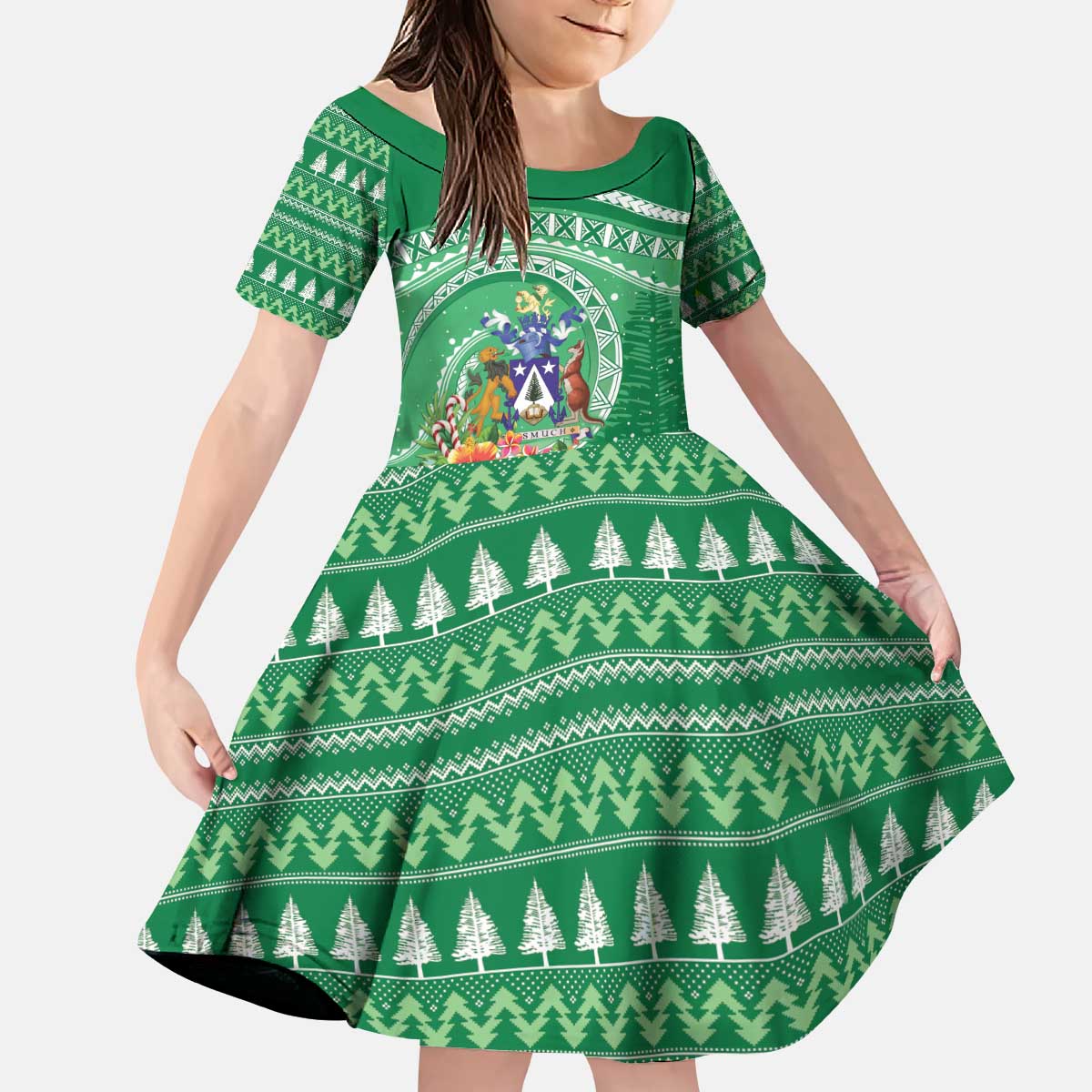 Norfolk Island Pine Tree Christmas Kid Short Sleeve Dress Coat of Arm and Polynesian Pattern