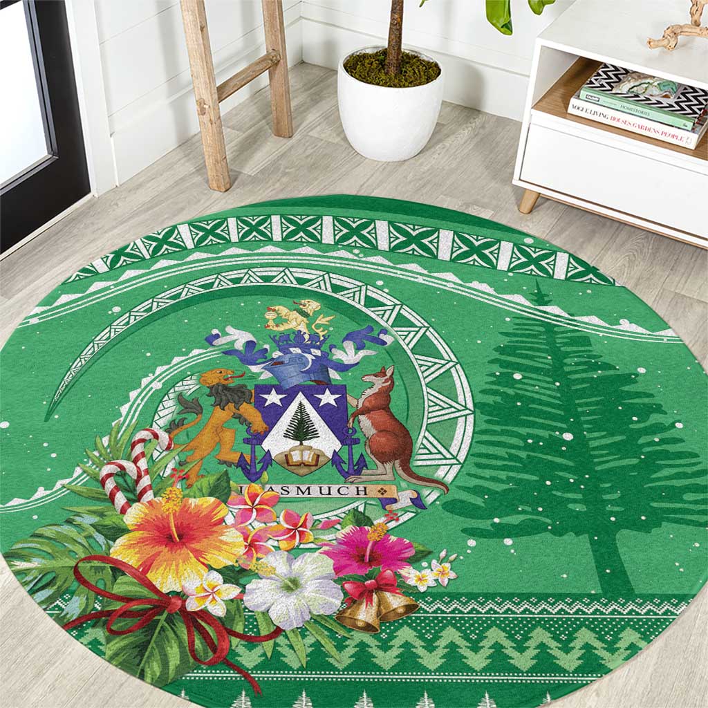 Norfolk Island Pine Tree Christmas Round Carpet Coat of Arm and Polynesian Pattern