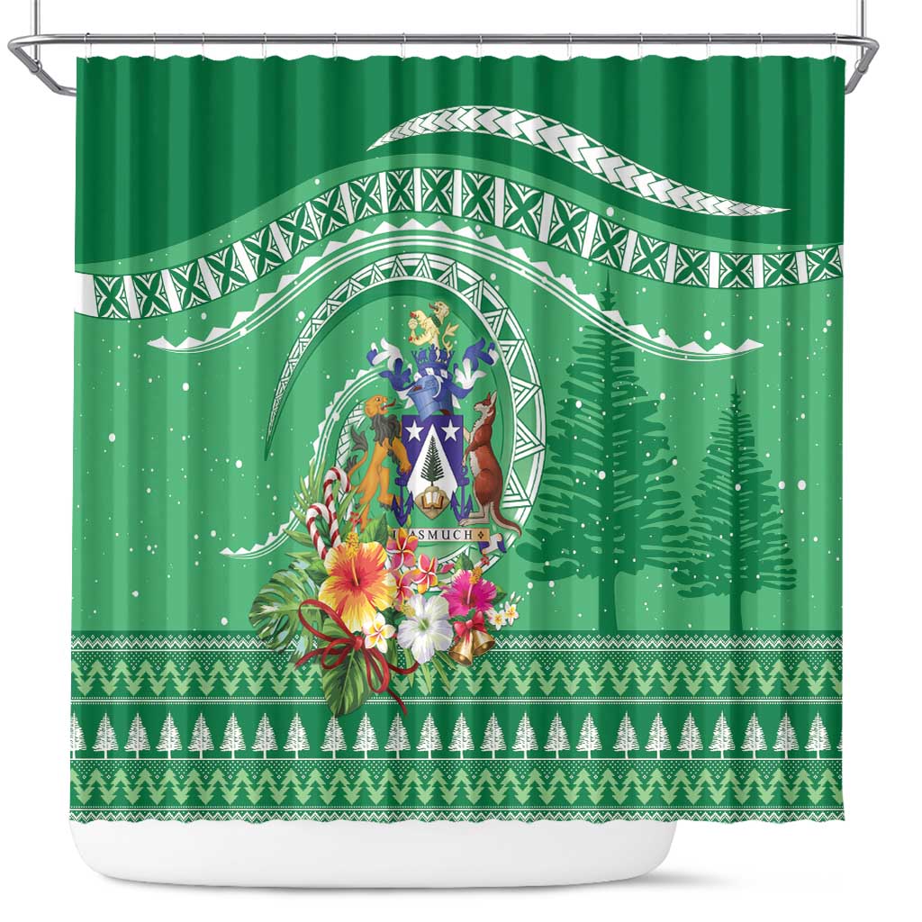 Norfolk Island Pine Tree Christmas Shower Curtain Coat of Arm and Polynesian Pattern LT9 Green - Polynesian Pride