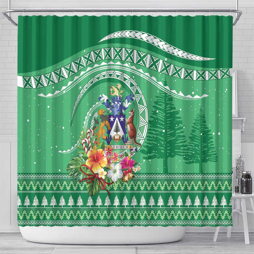 Norfolk Island Pine Tree Christmas Shower Curtain Coat of Arm and Polynesian Pattern LT9 - Polynesian Pride