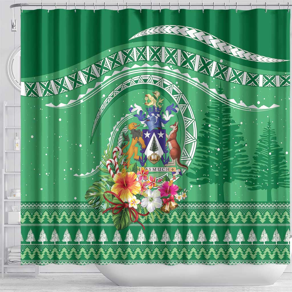 Norfolk Island Pine Tree Christmas Shower Curtain Coat of Arm and Polynesian Pattern LT9 - Polynesian Pride
