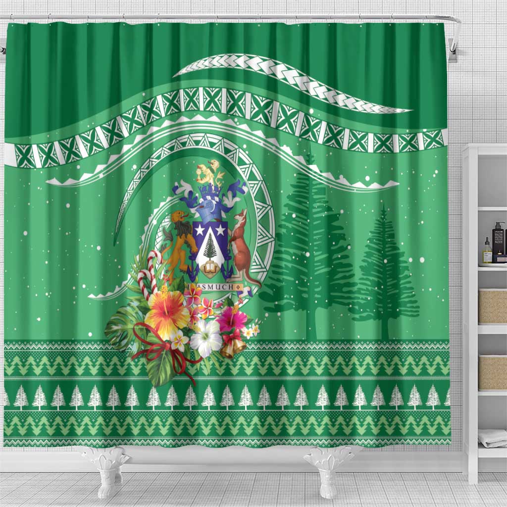 Norfolk Island Pine Tree Christmas Shower Curtain Coat of Arm and Polynesian Pattern LT9 - Polynesian Pride