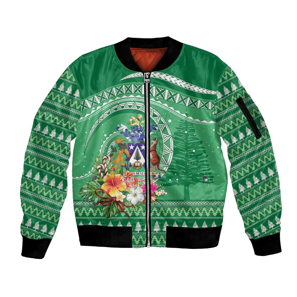 Norfolk Island Pine Tree Christmas Sleeve Zip Bomber Jacket Coat of Arm and Polynesian Pattern