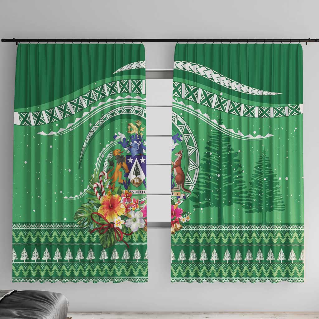 Norfolk Island Pine Tree Christmas Window Curtain Coat of Arm and Polynesian Pattern