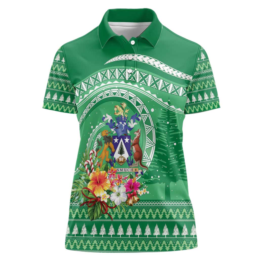 Norfolk Island Pine Tree Christmas Women Polo Shirt Coat of Arm and Polynesian Pattern