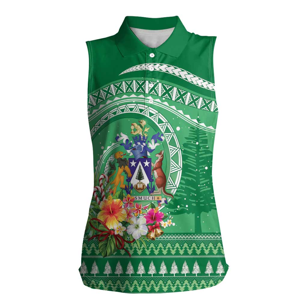 Norfolk Island Pine Tree Christmas Women Sleeveless Polo Shirt Coat of Arm and Polynesian Pattern LT9 Female Green - Polynesian Pride
