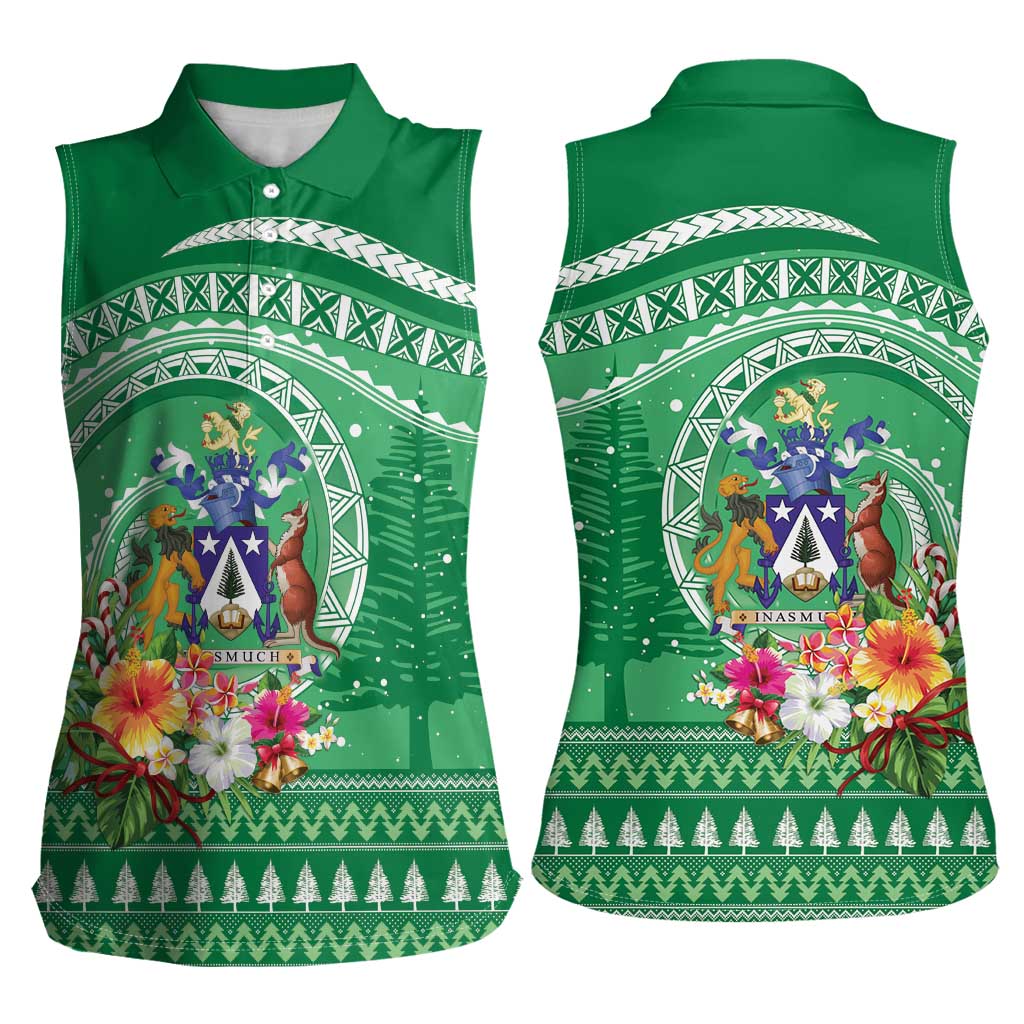Norfolk Island Pine Tree Christmas Women Sleeveless Polo Shirt Coat of Arm and Polynesian Pattern LT9 - Polynesian Pride