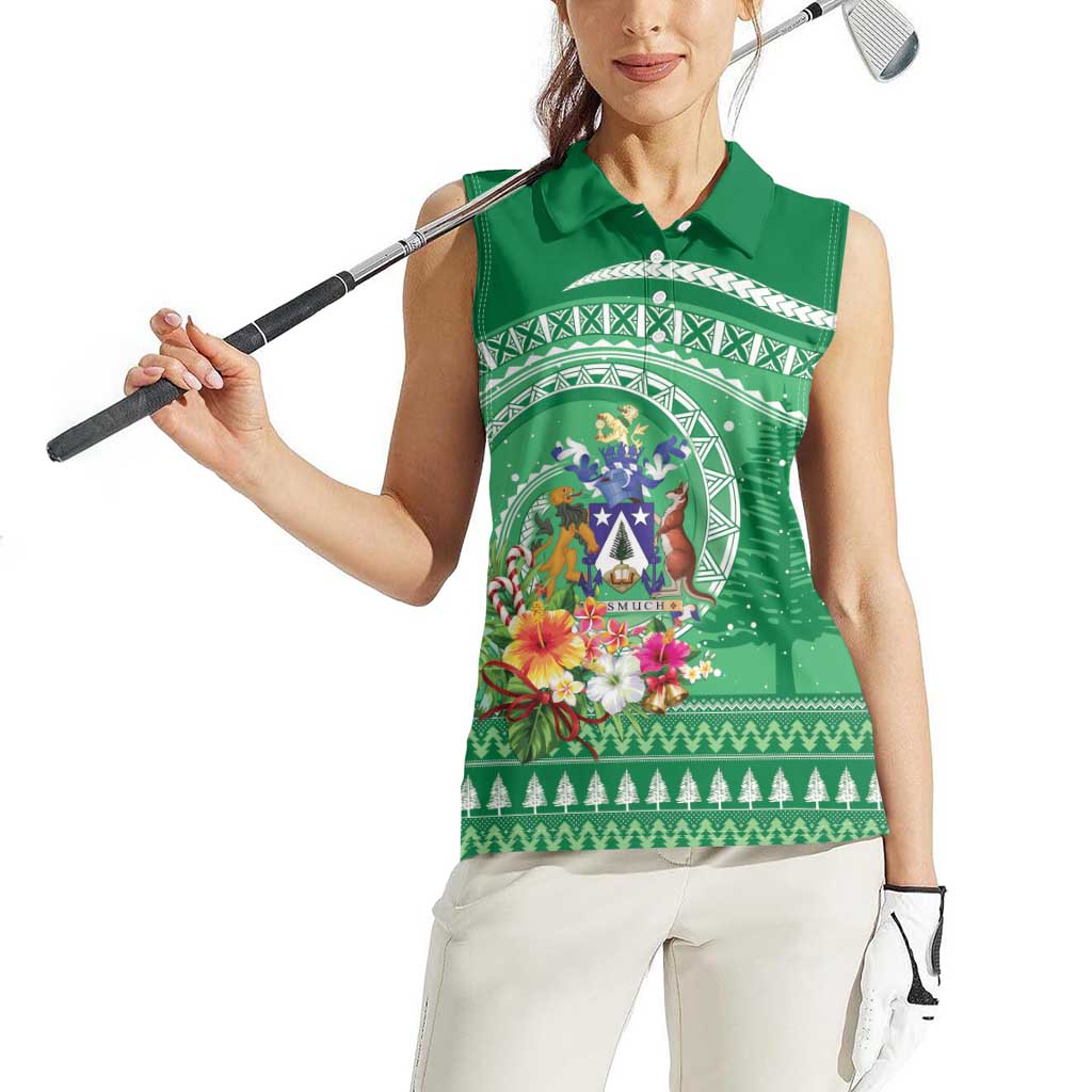 Norfolk Island Pine Tree Christmas Women Sleeveless Polo Shirt Coat of Arm and Polynesian Pattern LT9 - Polynesian Pride