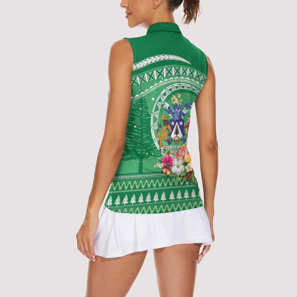 Norfolk Island Pine Tree Christmas Women Sleeveless Polo Shirt Coat of Arm and Polynesian Pattern LT9 - Polynesian Pride